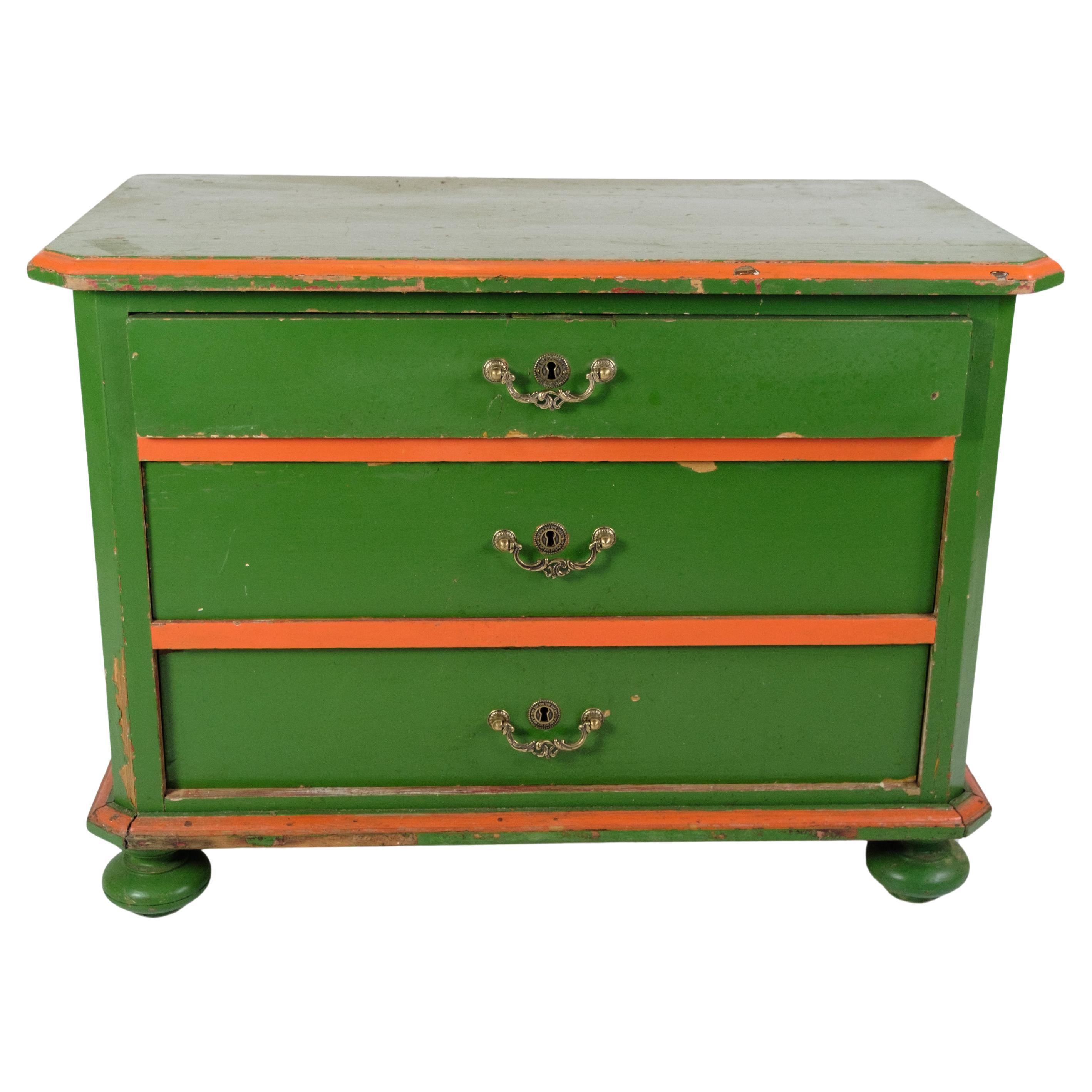 Small Antique Chest Of Drawers Painted In Green With Red Edges From 1890s For Sale