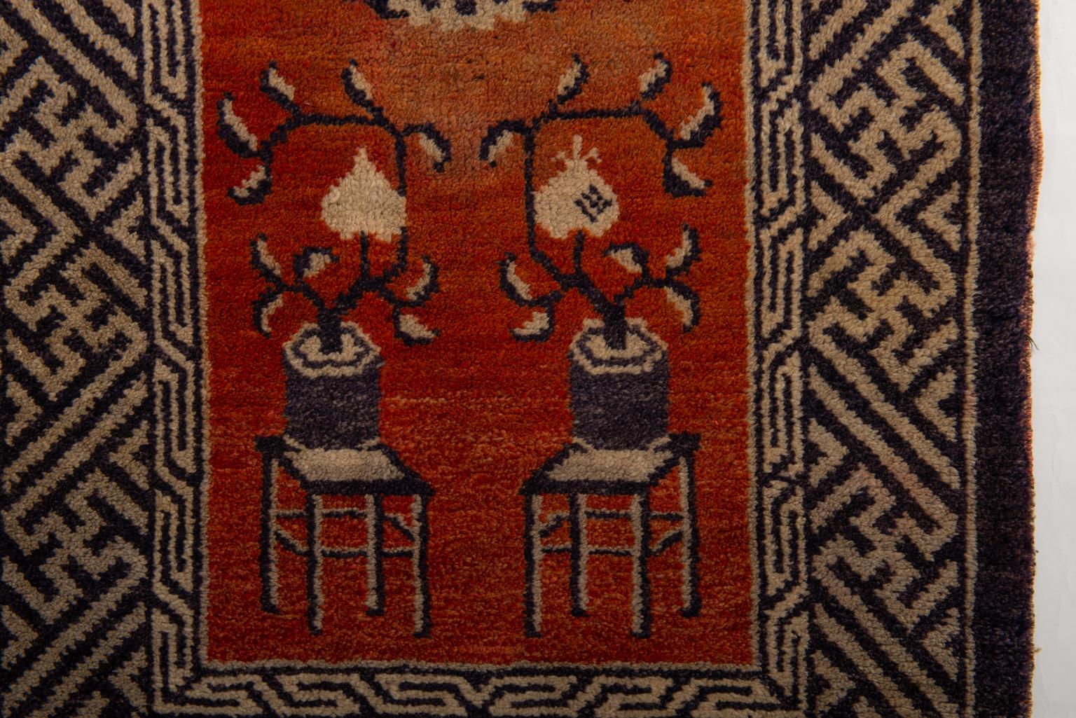 Hand-Knotted Small Antique Chinese Carpet