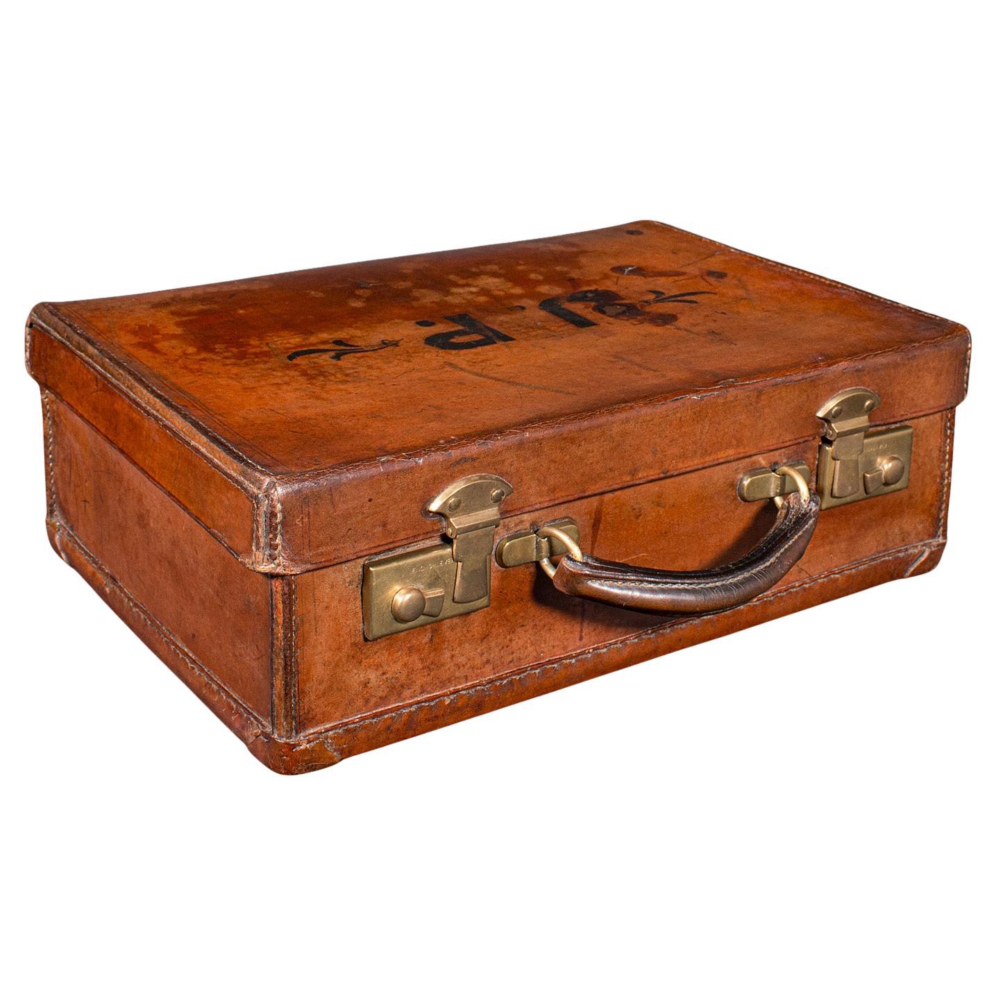 Small Antique Clerk's Suitcase, English Leather Attache Case, Revival, Victorian