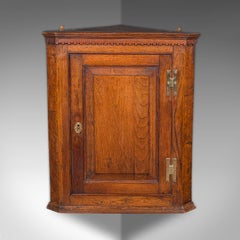 Small Antique Corner Cabinet, English, Golden Oak, Hanging Cupboard, Georgian