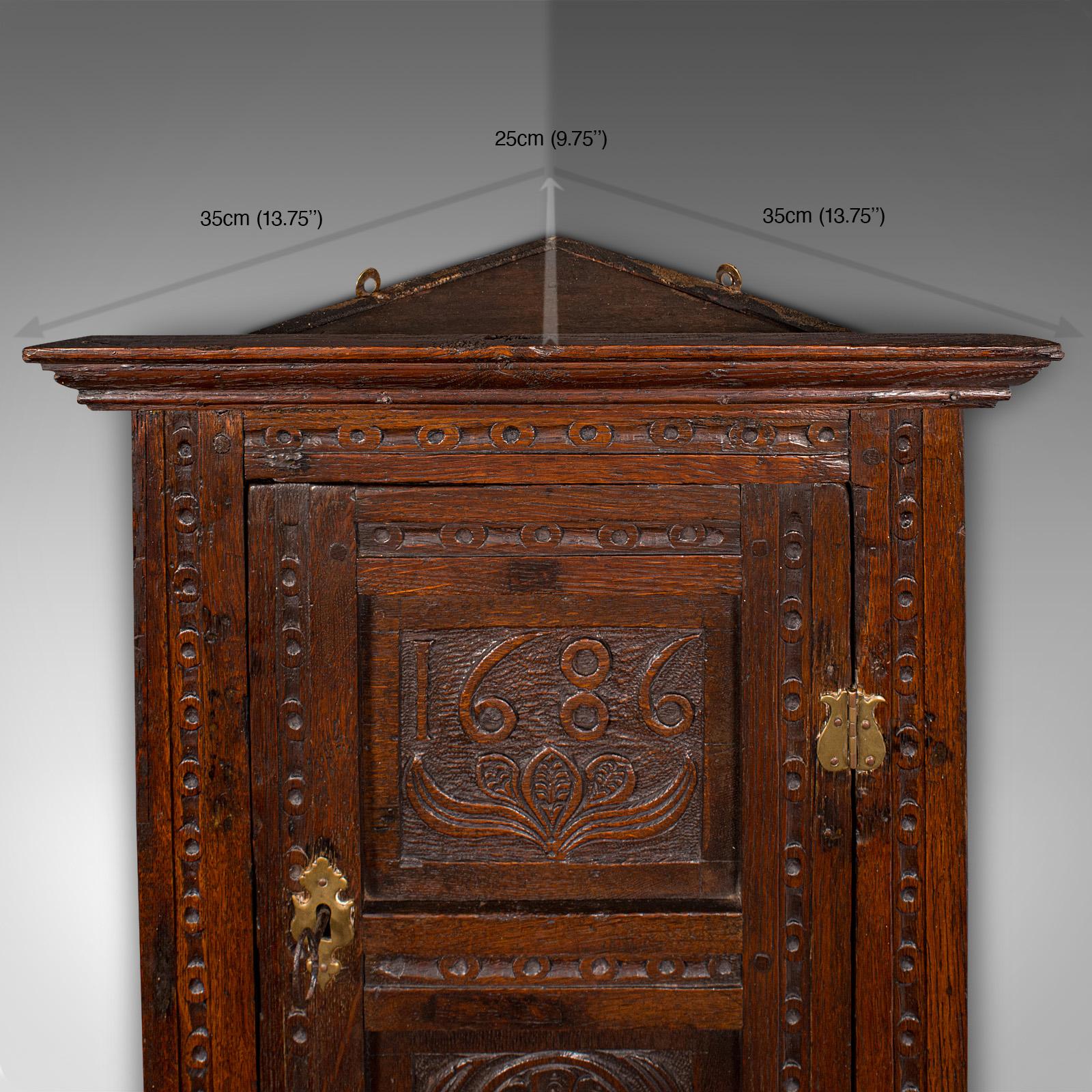 Small Antique Corner Cabinet, English Oak, Wall Cupboard, William and Mary, 1690 7