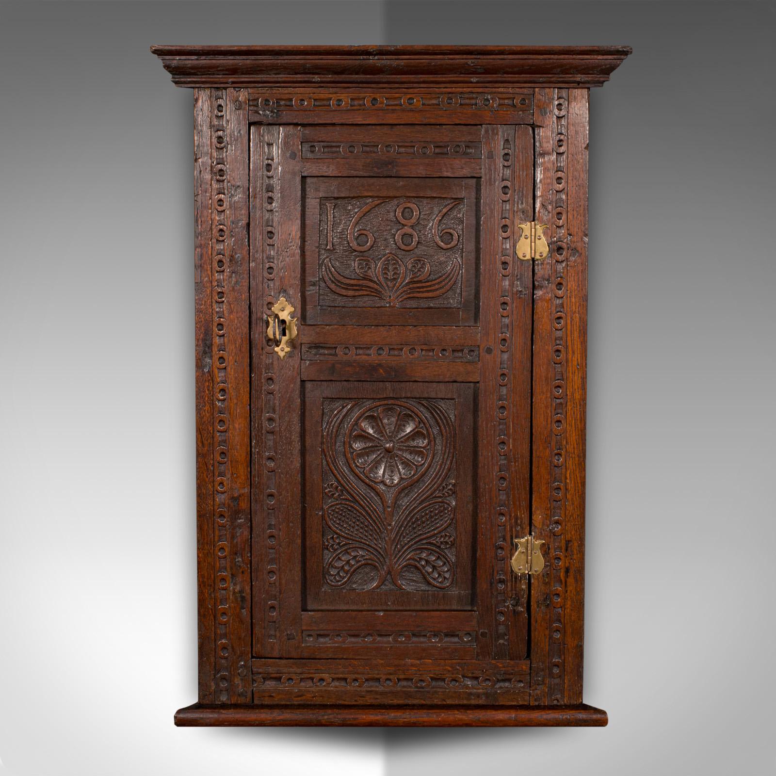 British Small Antique Corner Cabinet, English Oak, Wall Cupboard, William and Mary, 1690