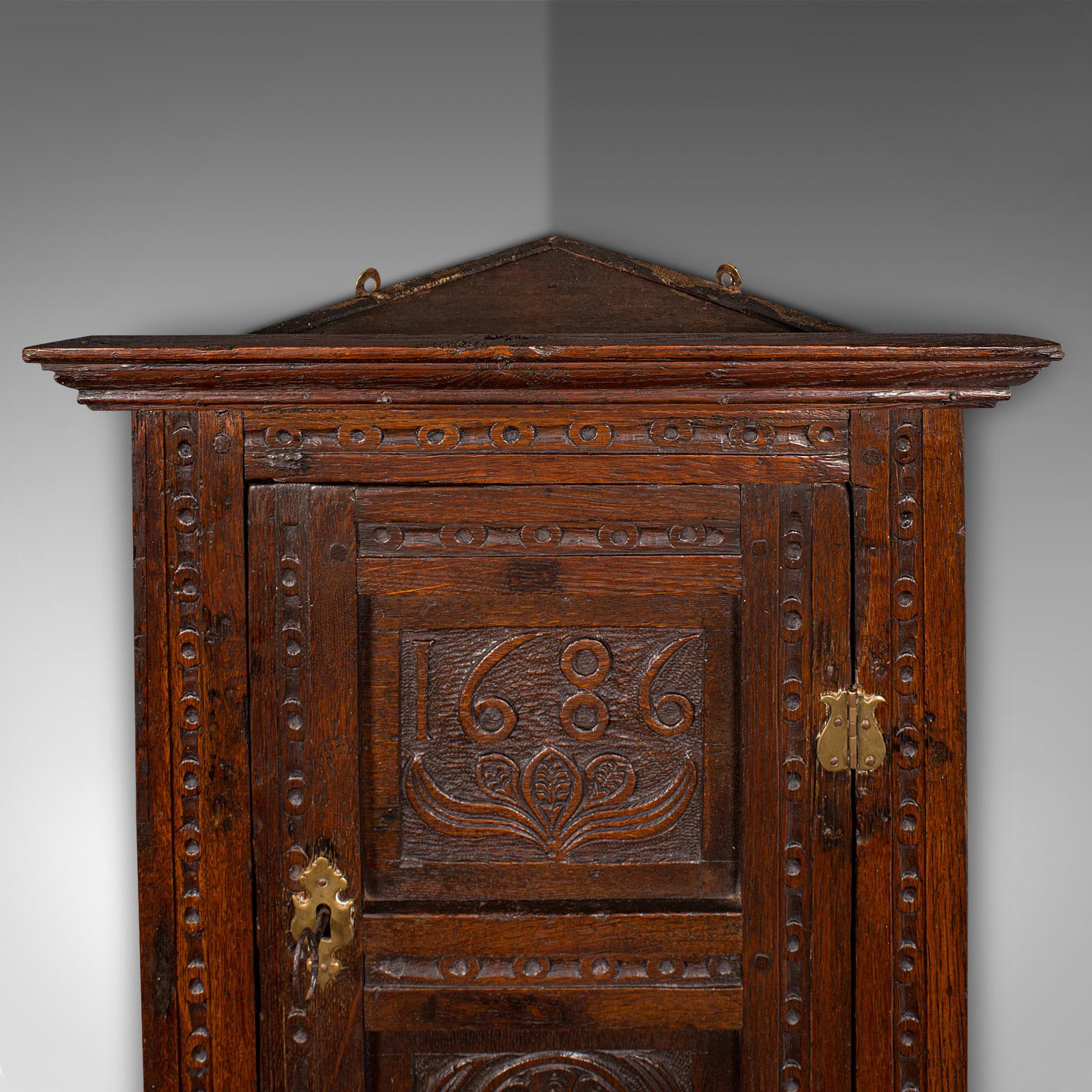 17th Century Small Antique Corner Cabinet, English Oak, Wall Cupboard, William and Mary, 1690