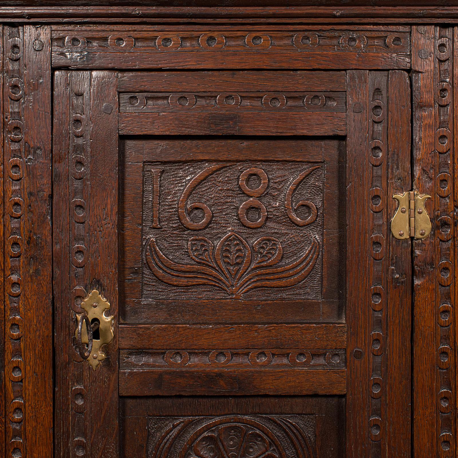 Small Antique Corner Cabinet, English Oak, Wall Cupboard, William and Mary, 1690 1