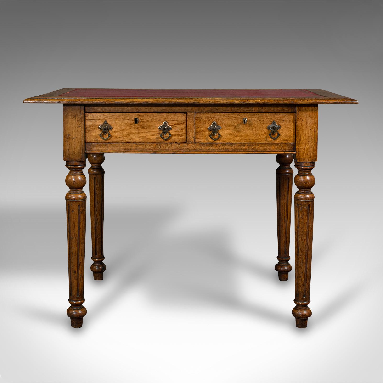 This is a small antique correspondence table. A Scottish, oak writing desk with skiver, dating to the Aesthetic period, circa 1880.

Diminutive stature, ideal for the reception hall or nook
Displaying a desirable aged patina and in good