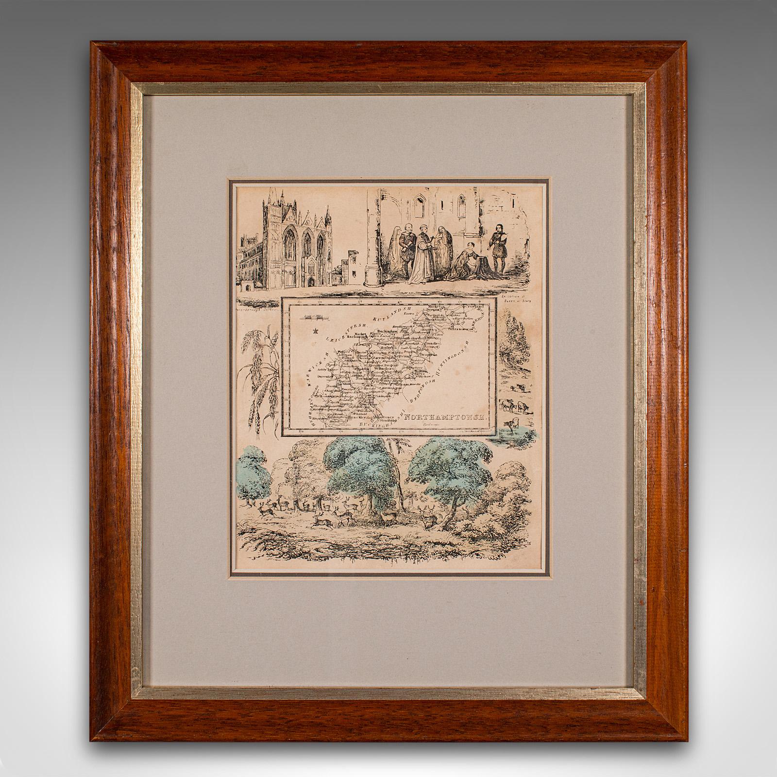 
This is a small antique county map of Northamptonshire. An English, framed atlas engraving of cartographic interest, dating to the mid 19th century and later.

Superb lithography of Northamptonshire, offering fine display appeal
Displays a