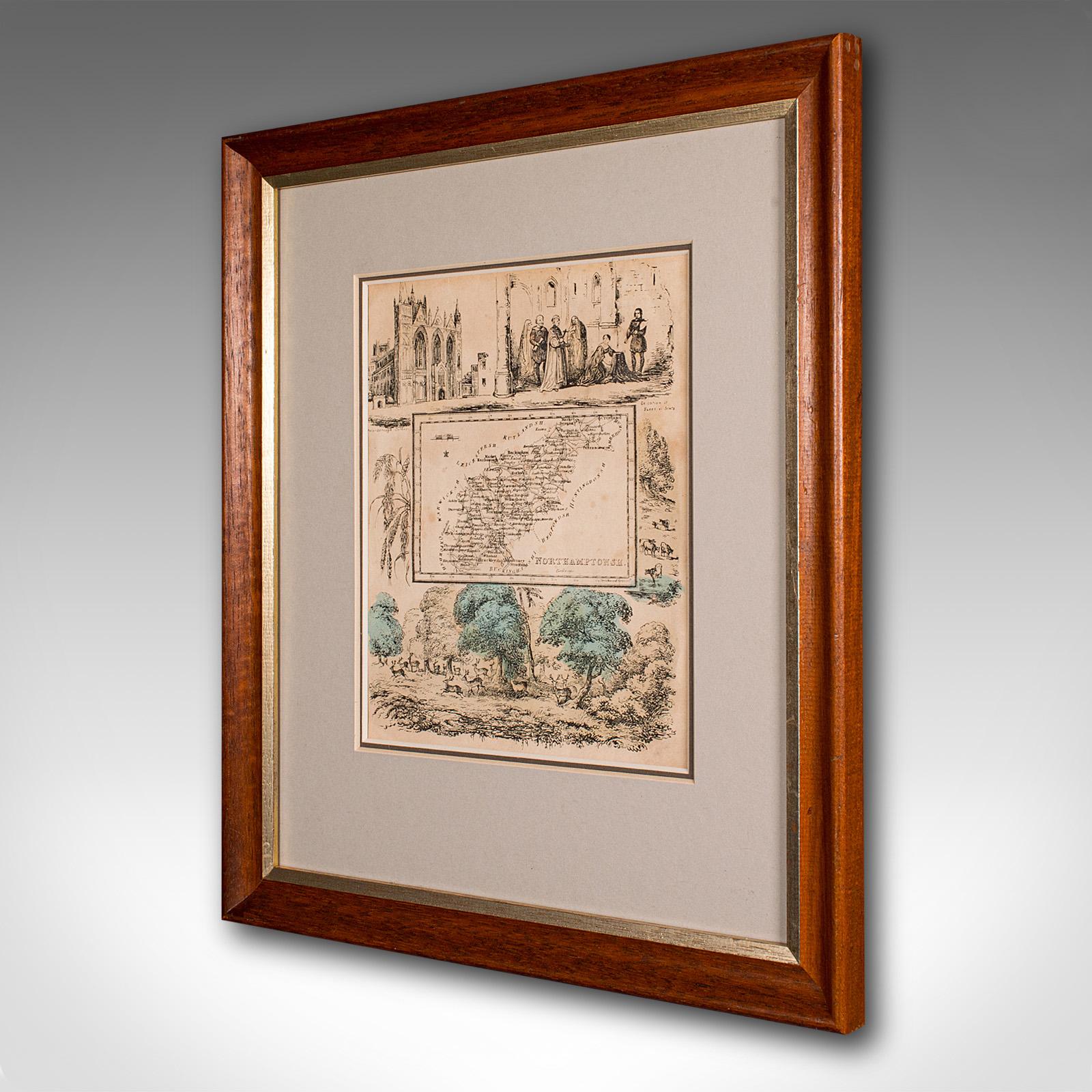 Victorian Small Antique County Map, Northamptonshire, English, Framed, Cartography, C.1850 For Sale