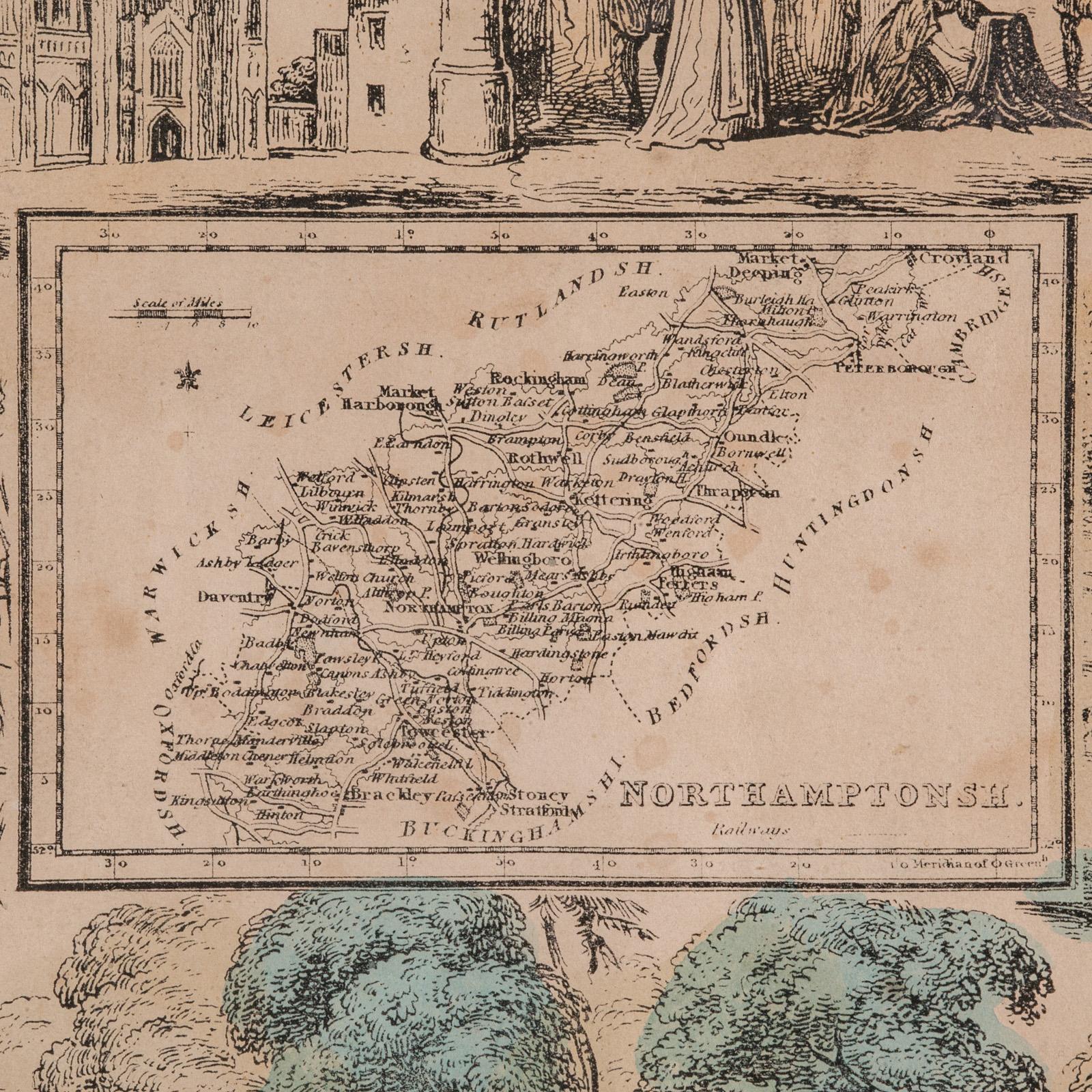 19th Century Small Antique County Map, Northamptonshire, English, Framed, Cartography, C.1850 For Sale