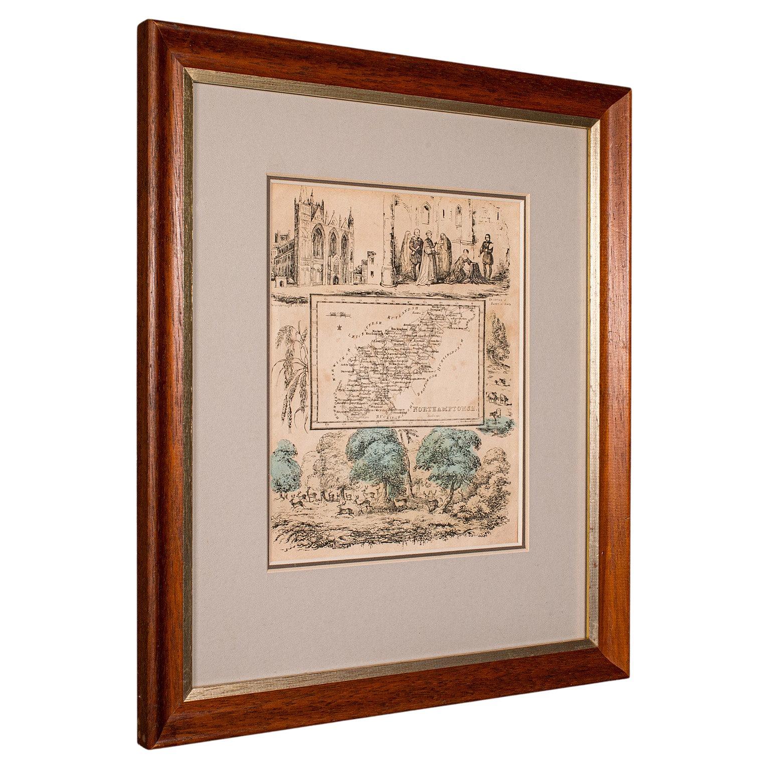 Pequeño Mapa Antiguo del Condado, Northamptonshire, Inglés, Enmarcado, Cartografía, C.1850