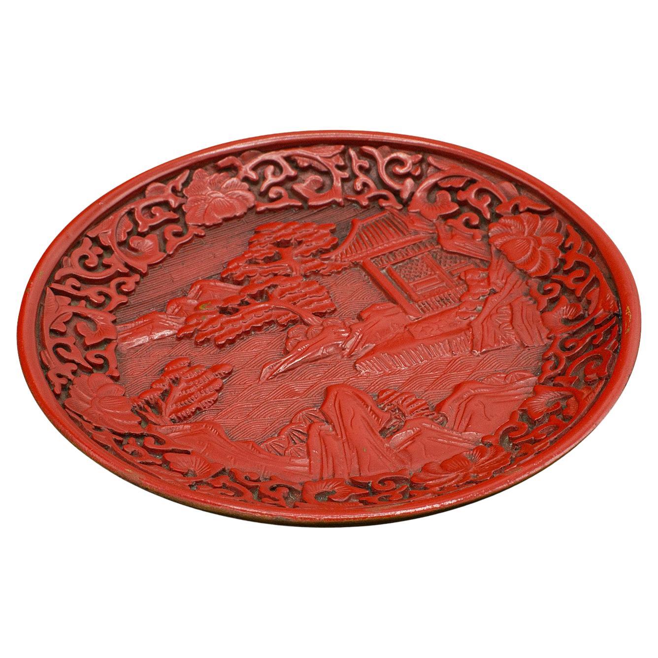 Small Antique Decorative Cinnabar Dish, Chinese, Display Plate, Qing, Victorian For Sale