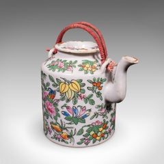 Small Antique Decorative Teapot, Oriental, Ceramic Chá Pot, Wicker Case, C.1920