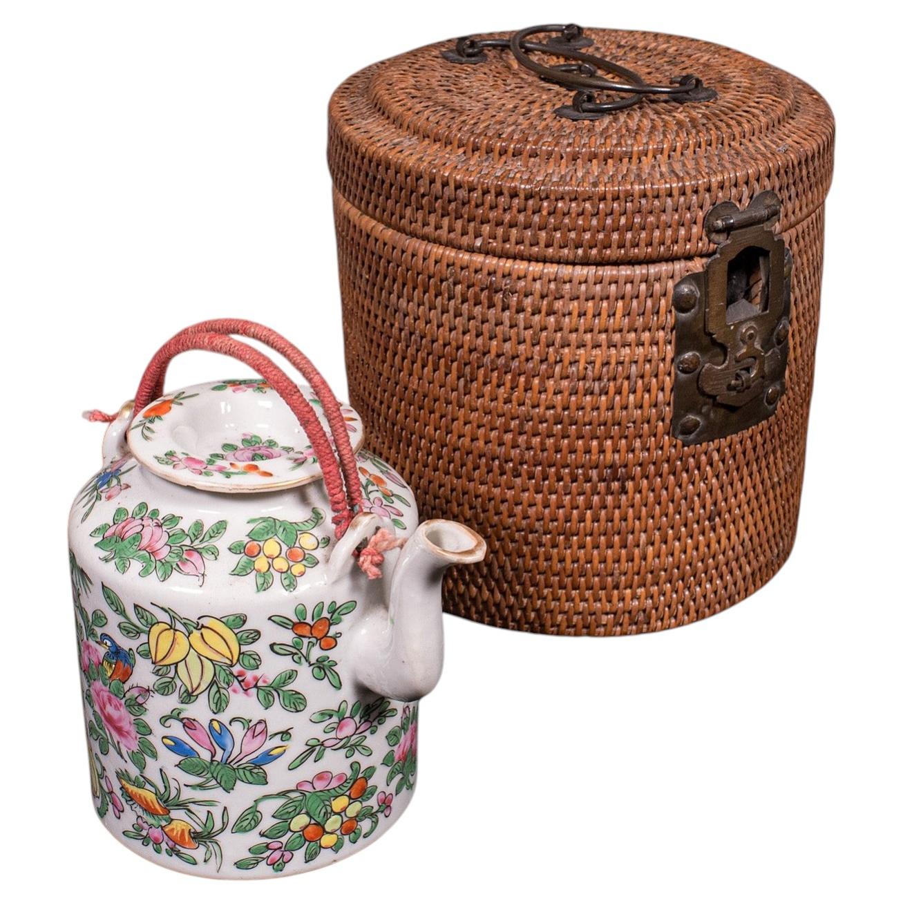 Small Antique Decorative Teapot, Oriental, Ceramic Chá Pot, Wicker Case, C.1920