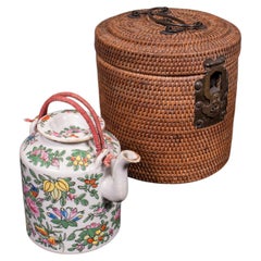 Small Antique Decorative Teapot, Oriental, Ceramic Chá Pot, Wicker Case, C.1920