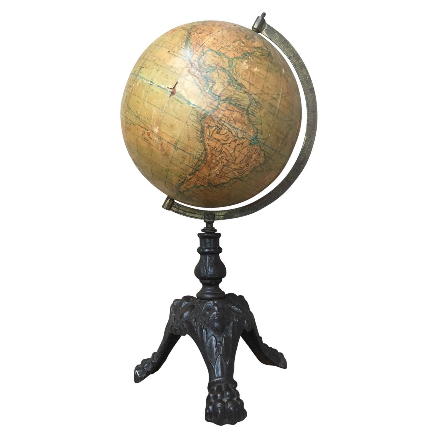 Small Antique Desk Globe on Black Metal Stand