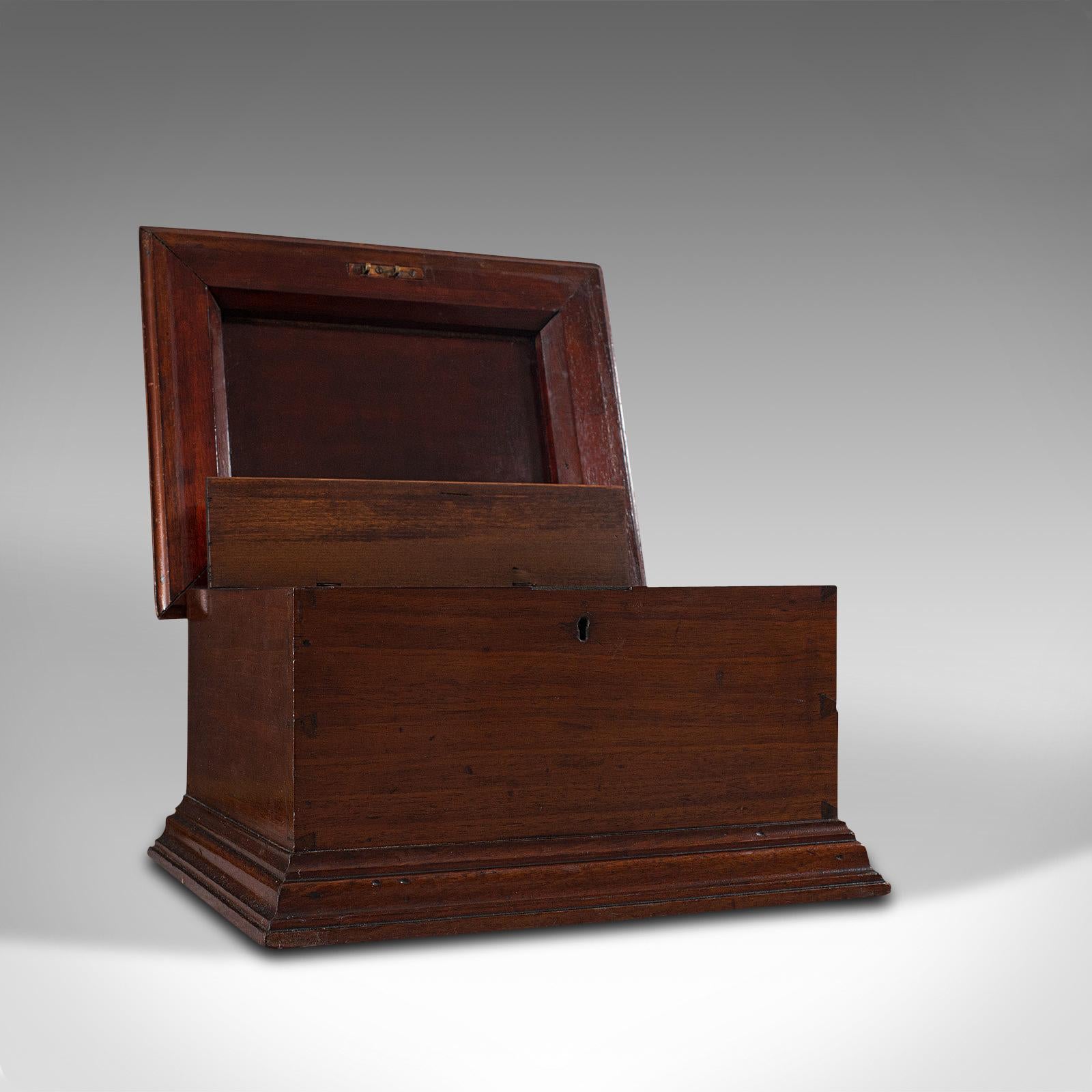 This is a small antique document box. An English, walnut desk or pen sarcophagus, dating to the Victorian period and later, circa 1880.

A quality document store with fine figuring
Displays a desirable aged patina, in very good order
Select