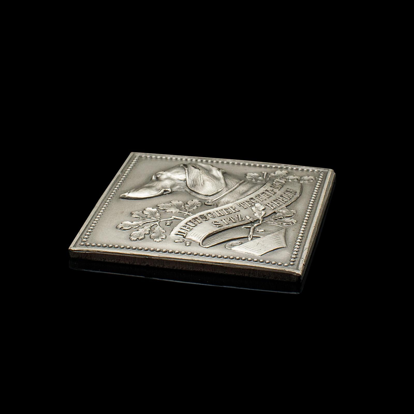 Small Antique Dog Kennel Club Medal, German, Cast Metal, Dachshund, Edwardian For Sale 1