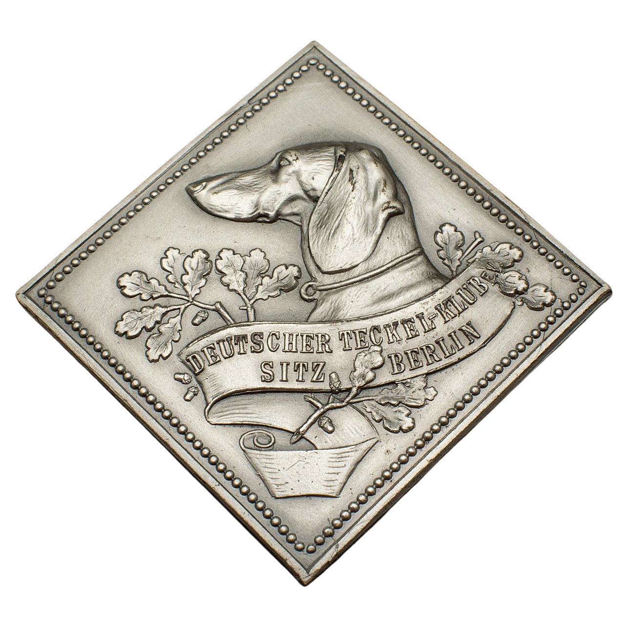 Small Antique Dog Kennel Club Medal, German, Cast Metal, Dachshund, Edwardian