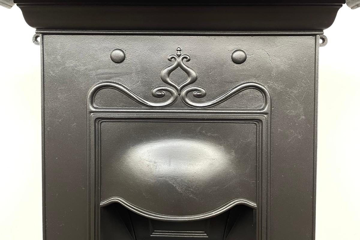 English Small Antique Edwardian Art Nouveau cast iron bedroom fireplace