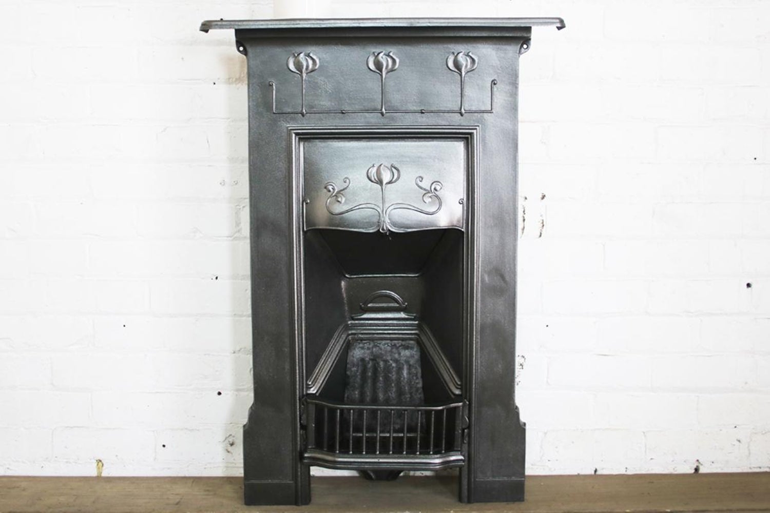 Small Antique Edwardian Art Nouveau Cast Iron Bedroom Fireplace At