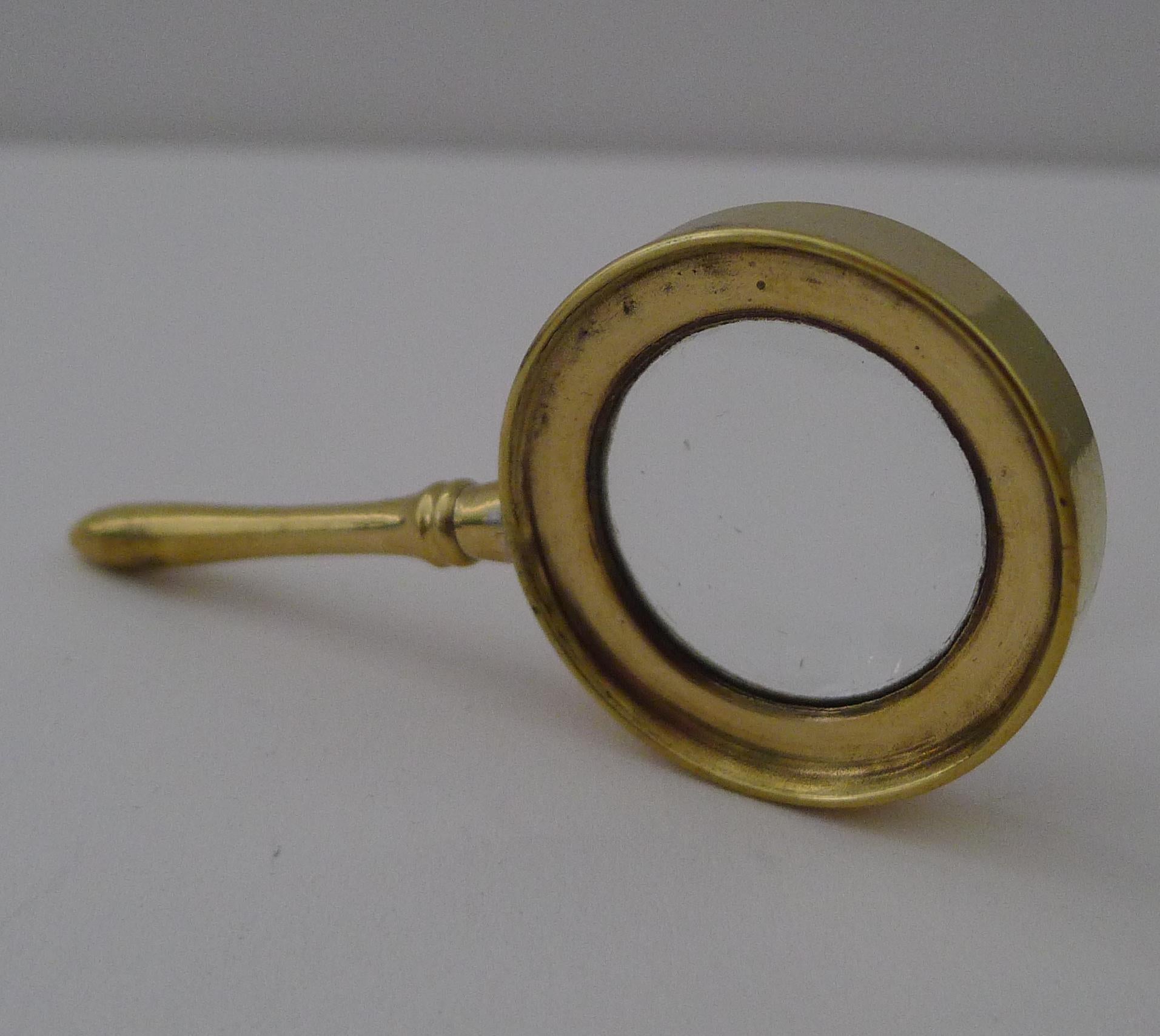 Edwardian Small Antique English Brass Magnifying Glass c.1910 For Sale