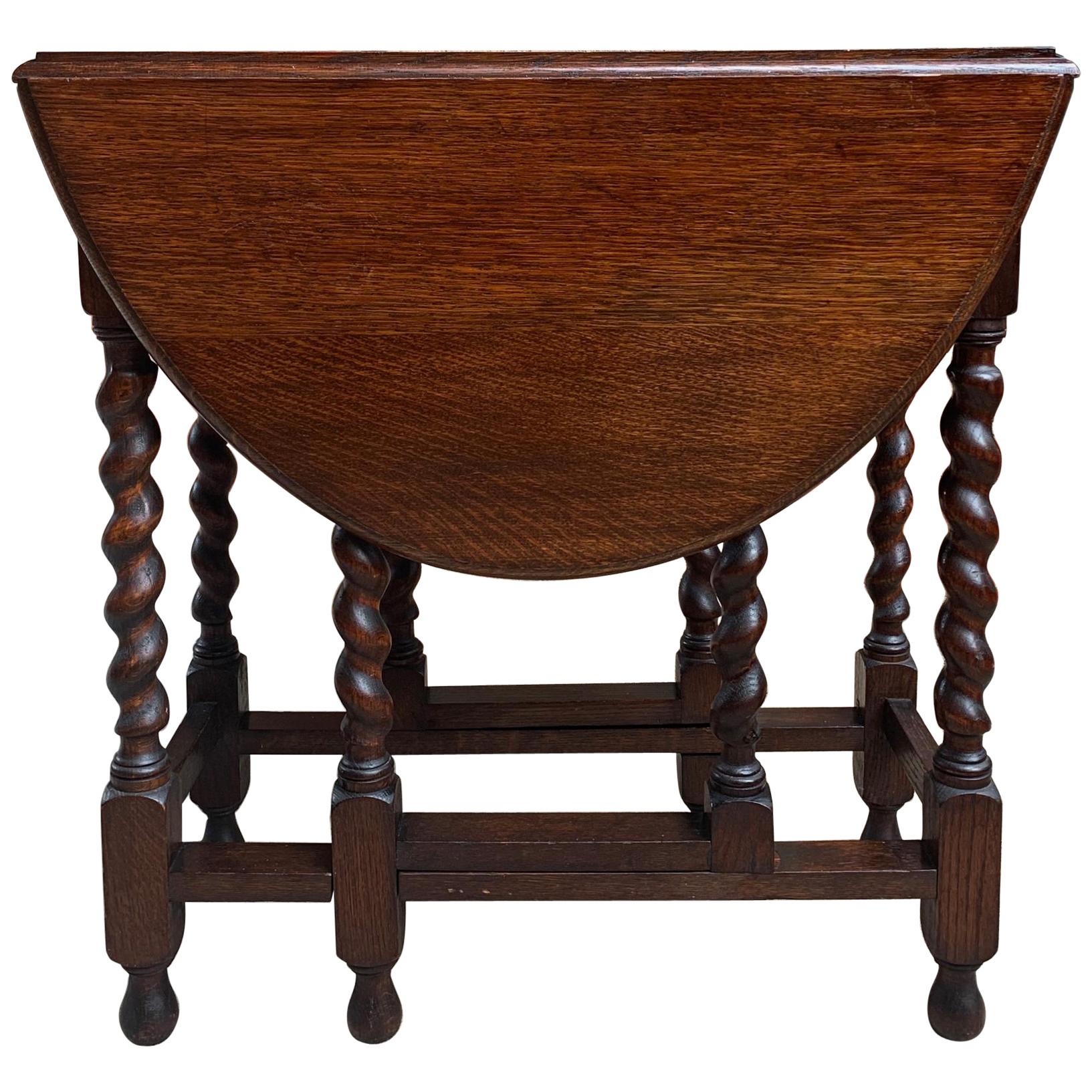 Small Antique English Oak Barley Twist Drop-Leaf Side Sofa Table, 20th Century