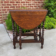 Small Antique English Oak Drop Leaf Gateleg Barley Twist Sofa Table Nightstand