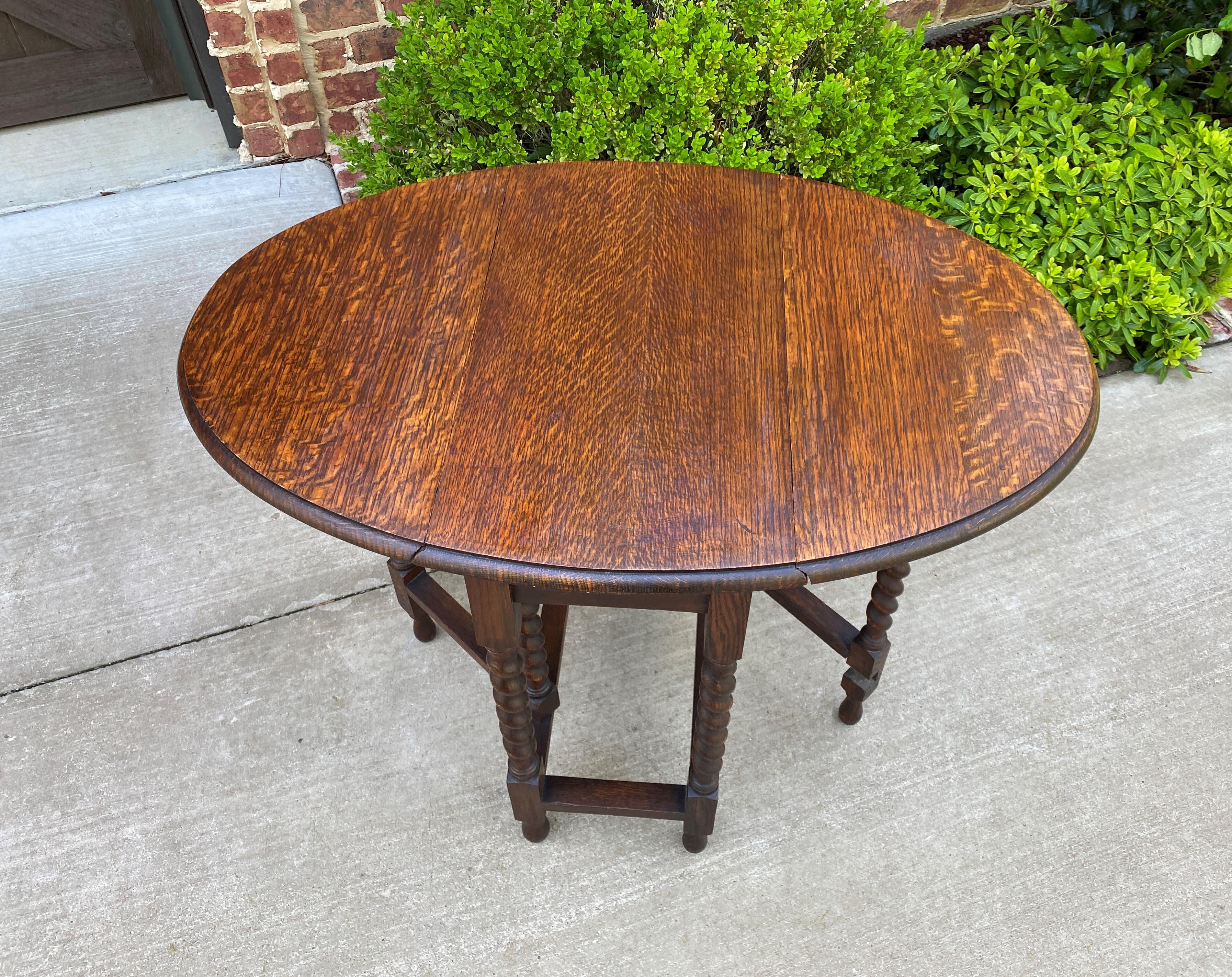 Jacobean Small Antique English Oak Drop Leaf Gateleg Barley Twist Sofa Table Nightstand