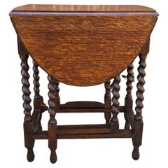 Small Antique English Oak Drop Leaf Gateleg Barley Twist Sofa Table Nightstand