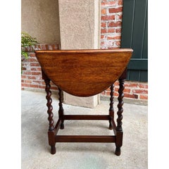 Small Antique English Oak Drop Leaf Side Sofa Table Barley Twist Nightstand