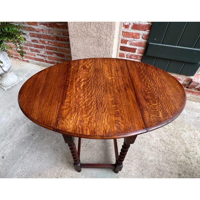 Small Antique English Oak Drop Leaf Side Sofa Table Barley Twist Nightstand 1
