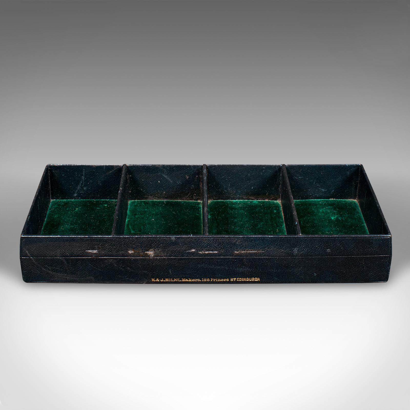 This is a small antique desk tray. A Scottish, leather compact desktop tidy by W & J Milne of Edinburgh, dating to the late Victorian period, circa 1900.

Of appealing quality with fine colour and useful compartments
Displaying a desirable aged