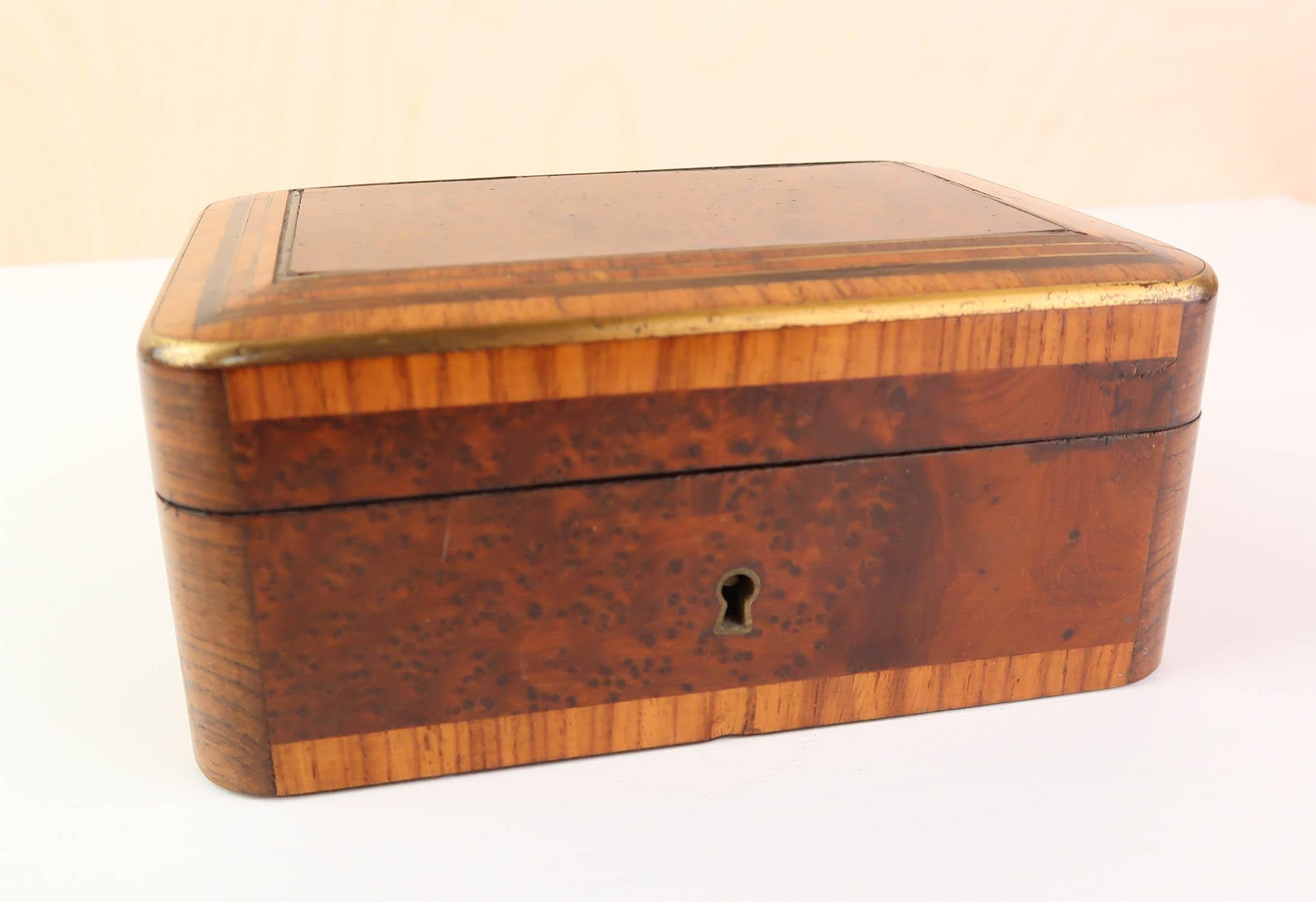 Louis XVI Small Antique Exotic Woods Jewelry Box, French, Dated 1877