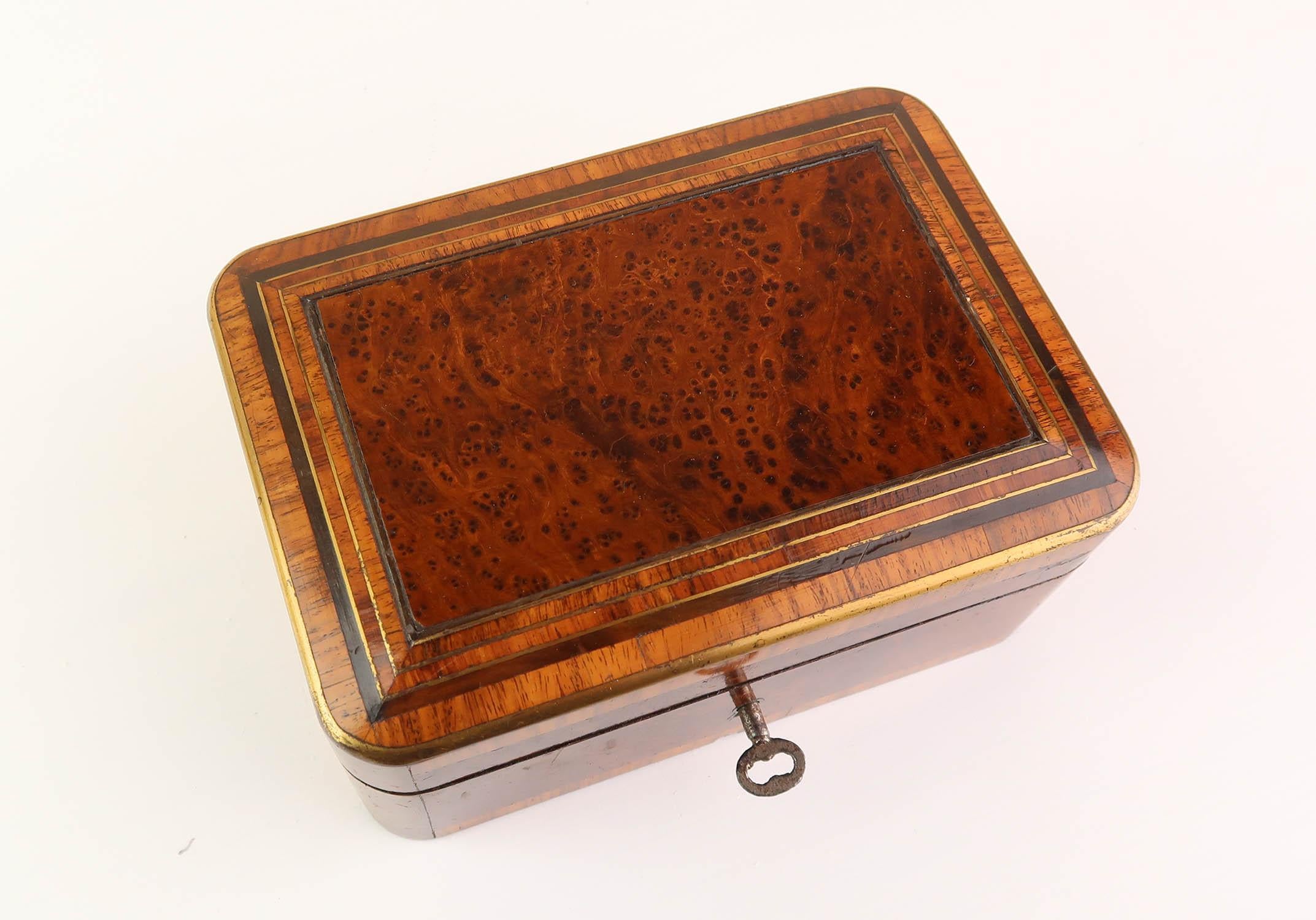 Veneer Small Antique Exotic Woods Jewelry Box, French, Dated 1877