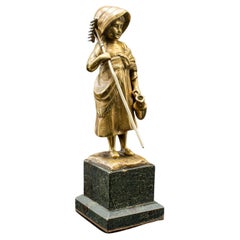 Small Antique Farm Girl Figure, French, Bronze, Statuette, Provincial, C.1920