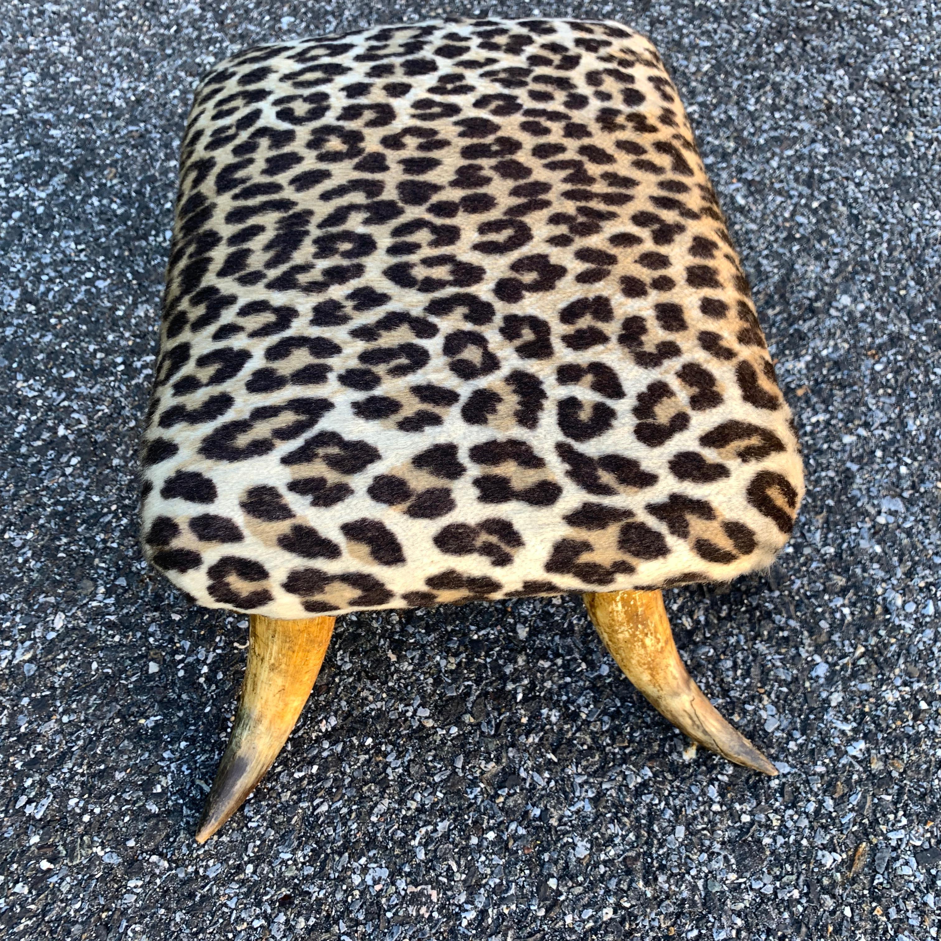 Small Antique Faux Cheetah Hide Upholstered Horn Footstool 3