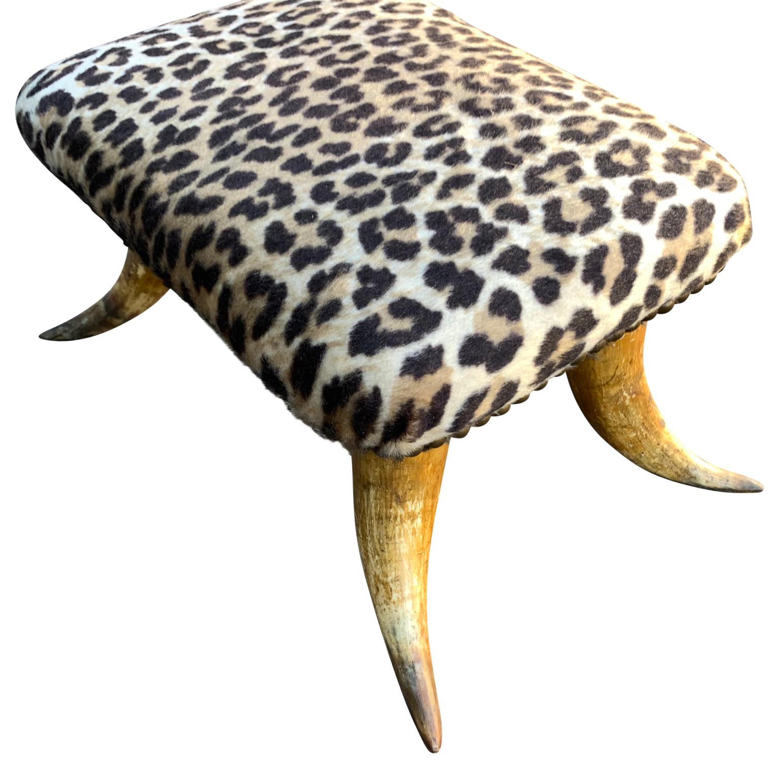 Folk Art Small Antique Faux Cheetah Hide Upholstered Horn Footstool