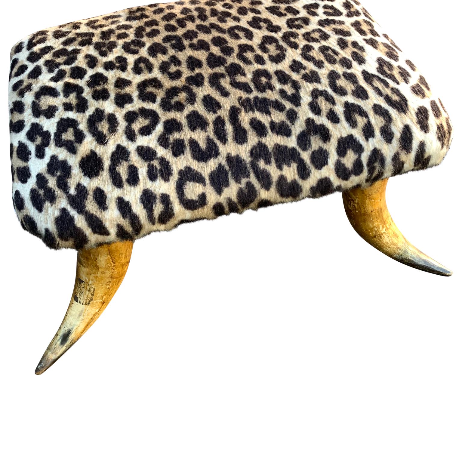American Small Antique Faux Cheetah Hide Upholstered Horn Footstool