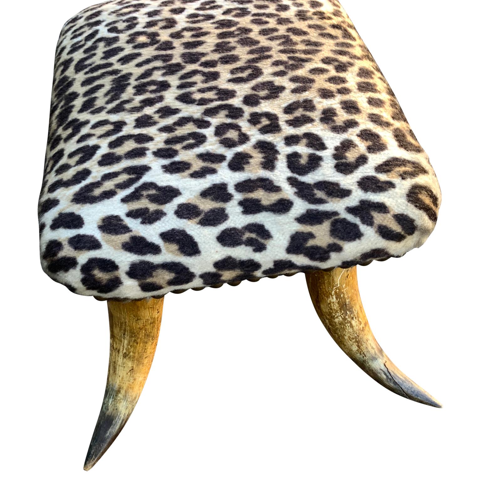 Hand-Crafted Small Antique Faux Cheetah Hide Upholstered Horn Footstool