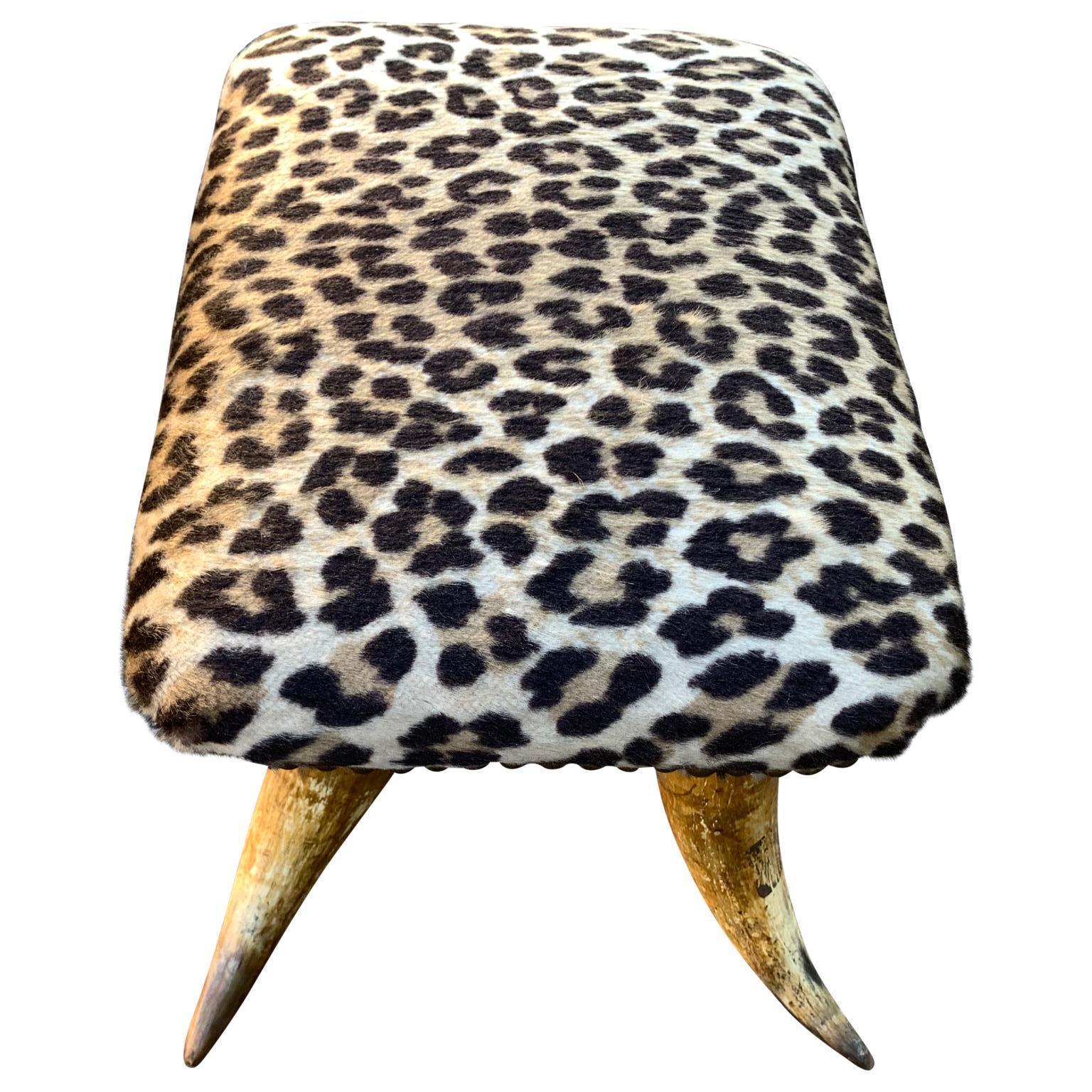 Small Antique Faux Cheetah Hide Upholstered Horn Footstool In Good Condition In Haddonfield, NJ