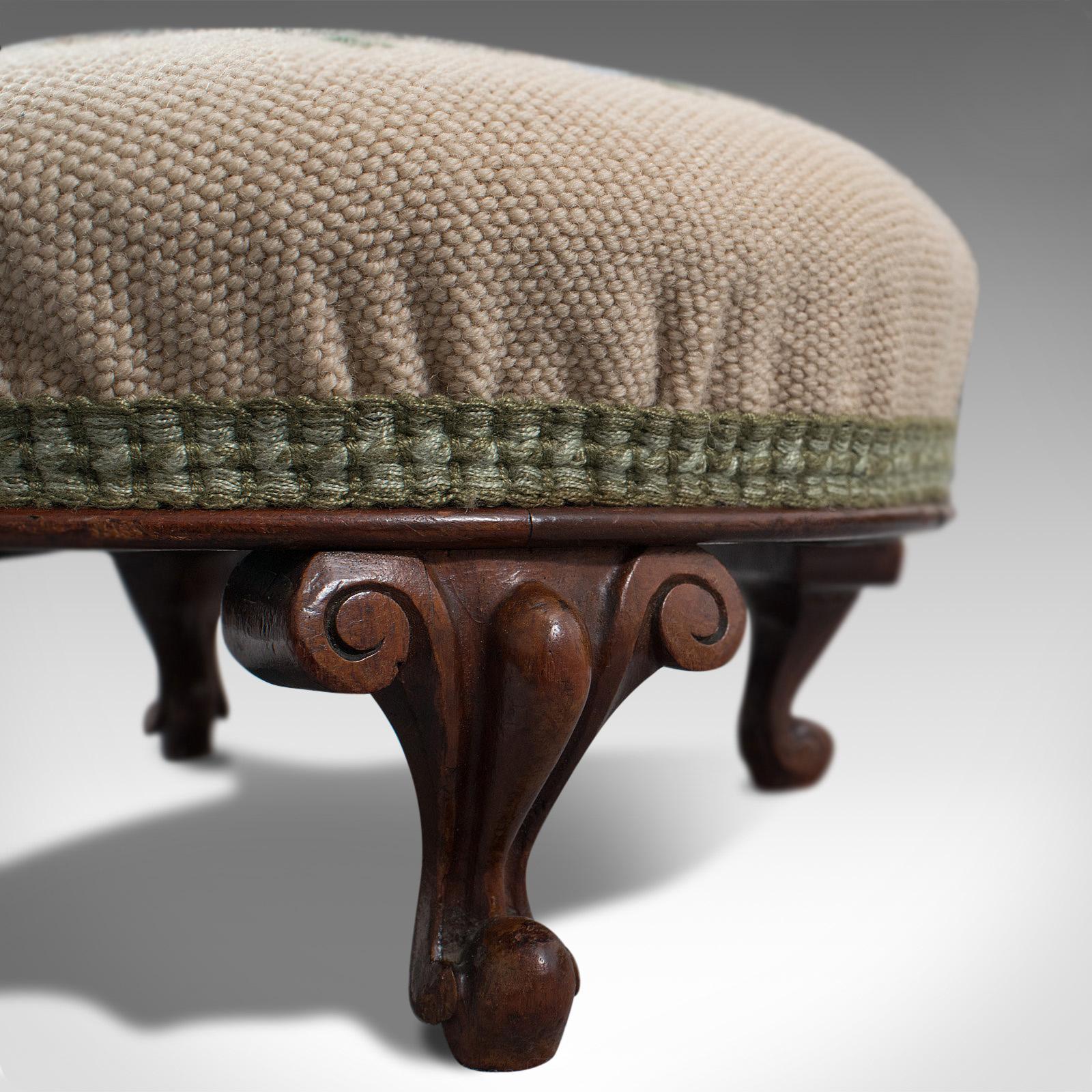 Small Antique Footstool, English, Walnut, Needlepoint Tapestry, Early Victorian 3