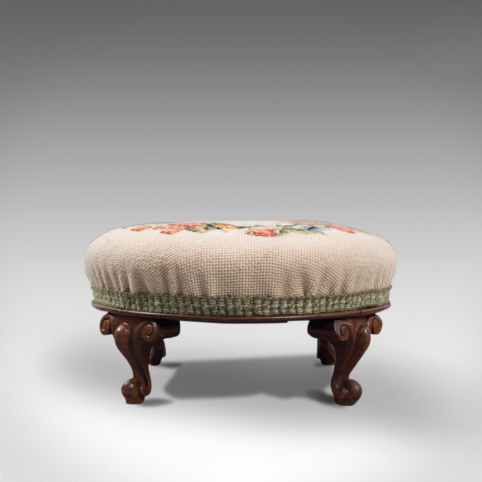This is a small antique footstool. An English, walnut and needlepoint tapestry covered stool, dating to the early Victorian period, circa 1850.

Comfortable footstool with quality and decorative appeal
Displaying a desirable aged patina -