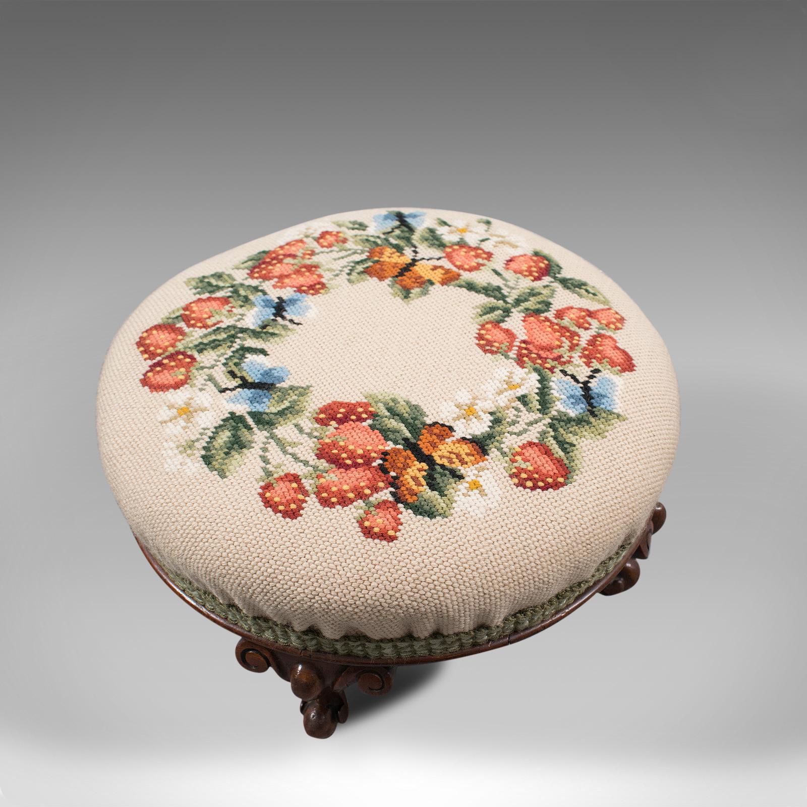 British Small Antique Footstool, English, Walnut, Needlepoint Tapestry, Early Victorian