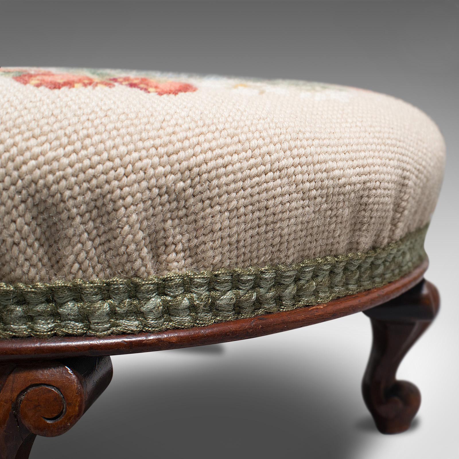 Small Antique Footstool, English, Walnut, Needlepoint Tapestry, Early Victorian 1