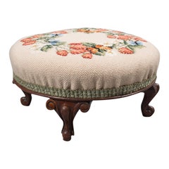 Small Antique Footstool, English, Walnut, Needlepoint Tapestry, Early Victorian