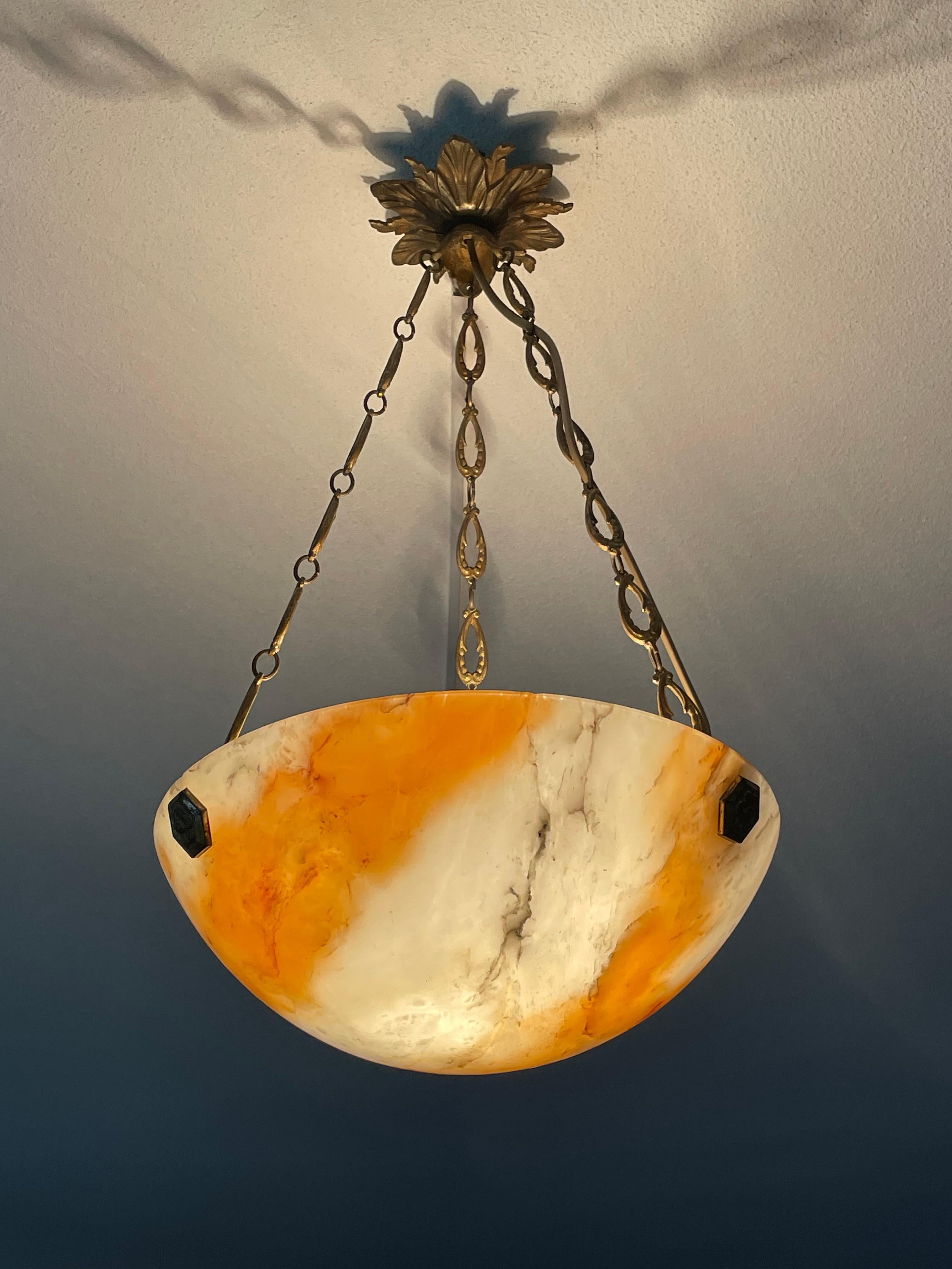 Small Antique French Alabaster Pendant w. Gilt Rosettes & Bronze Chain & Canopy For Sale 3