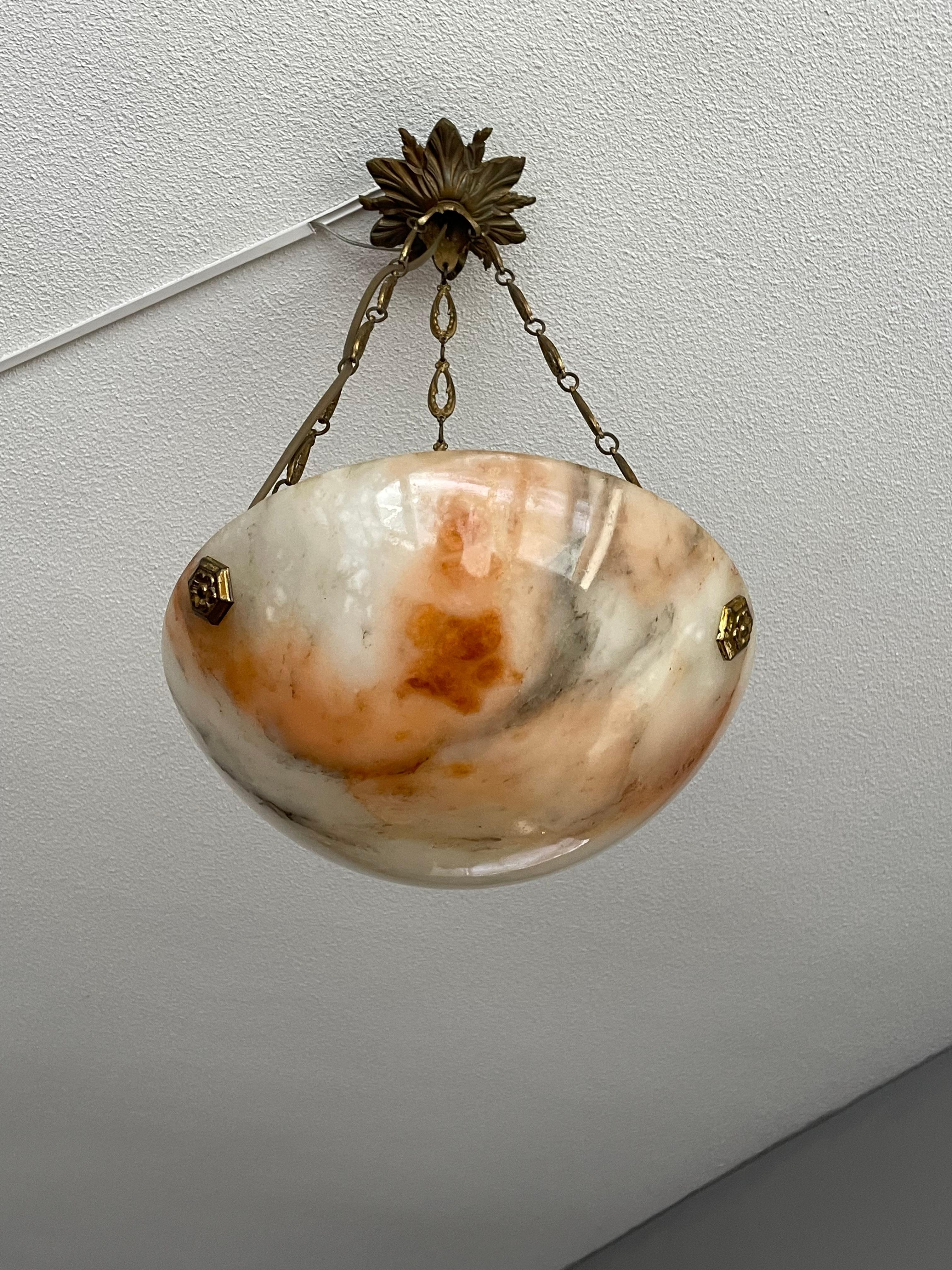 Small Antique French Alabaster Pendant w. Gilt Rosettes & Bronze Chain & Canopy For Sale 12