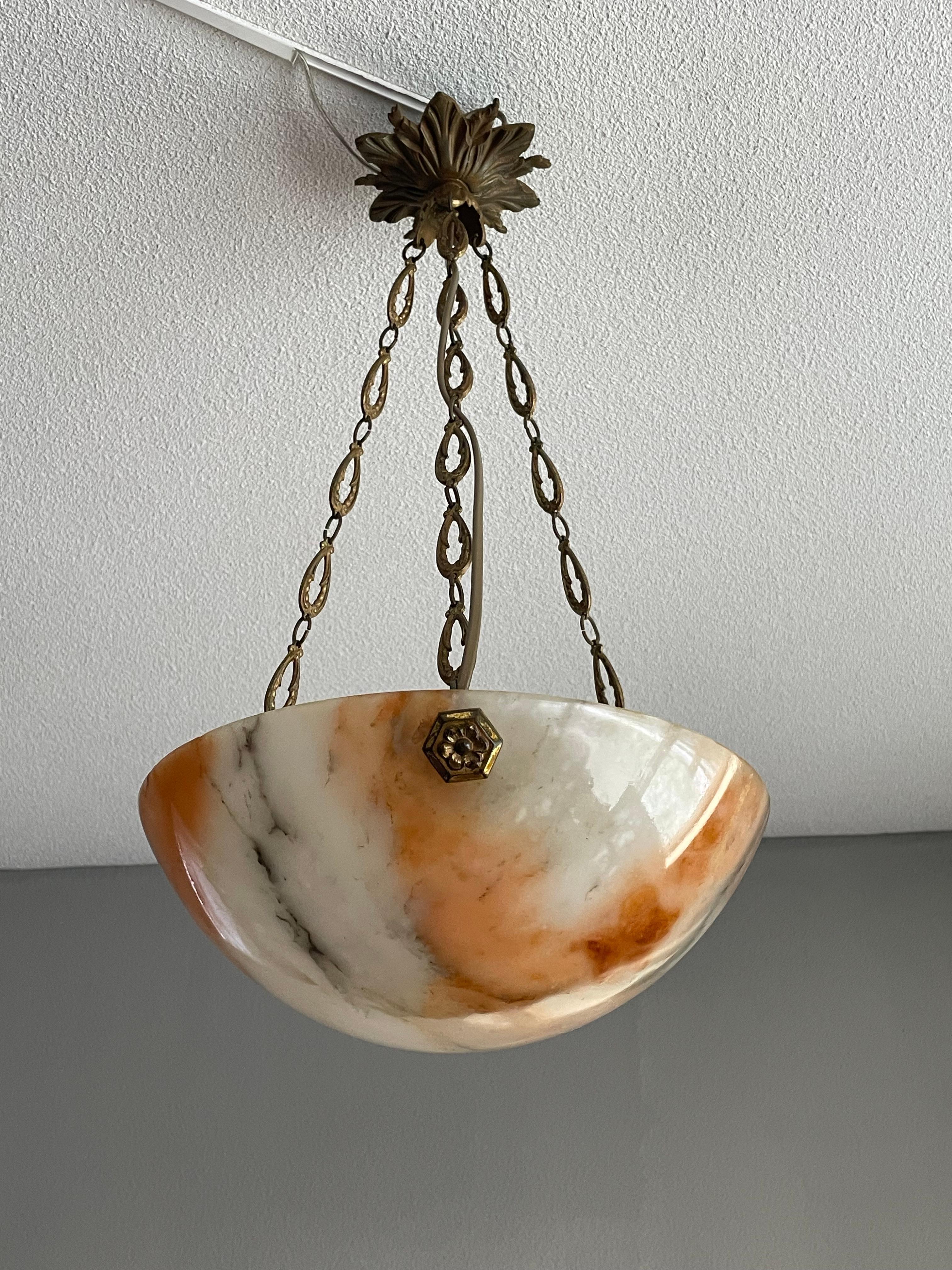 Small Antique French Alabaster Pendant w. Gilt Rosettes & Bronze Chain & Canopy In Good Condition For Sale In Lisse, NL
