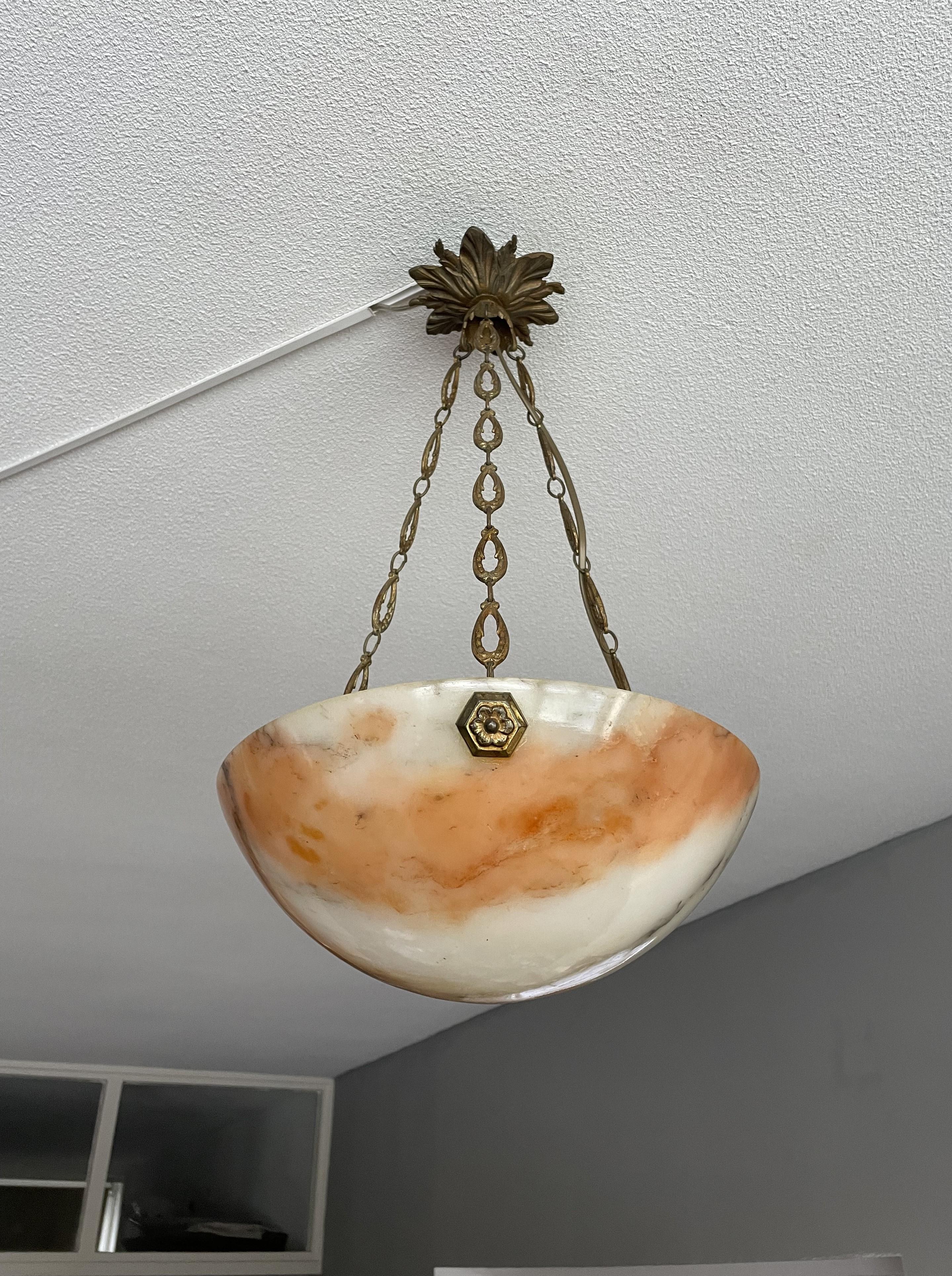 Gold Leaf Small Antique French Alabaster Pendant w. Gilt Rosettes & Bronze Chain & Canopy For Sale