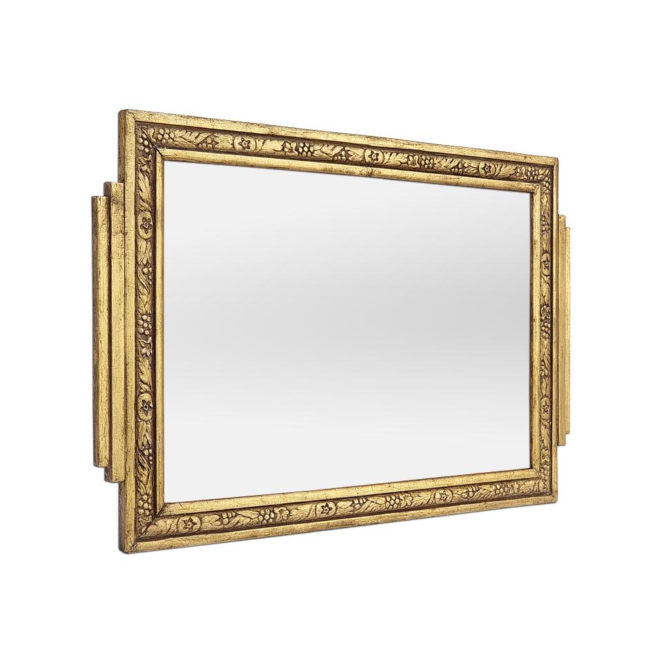 Small French Art Nouveau period gilded antique mirror, circa 1900. Decorated with friezes of stylized flowers and foliage. Antique frame re-gilding with leaf. Frame width: 3.5 cm / 1.37 in. Modern glass mirror. Wood back.
