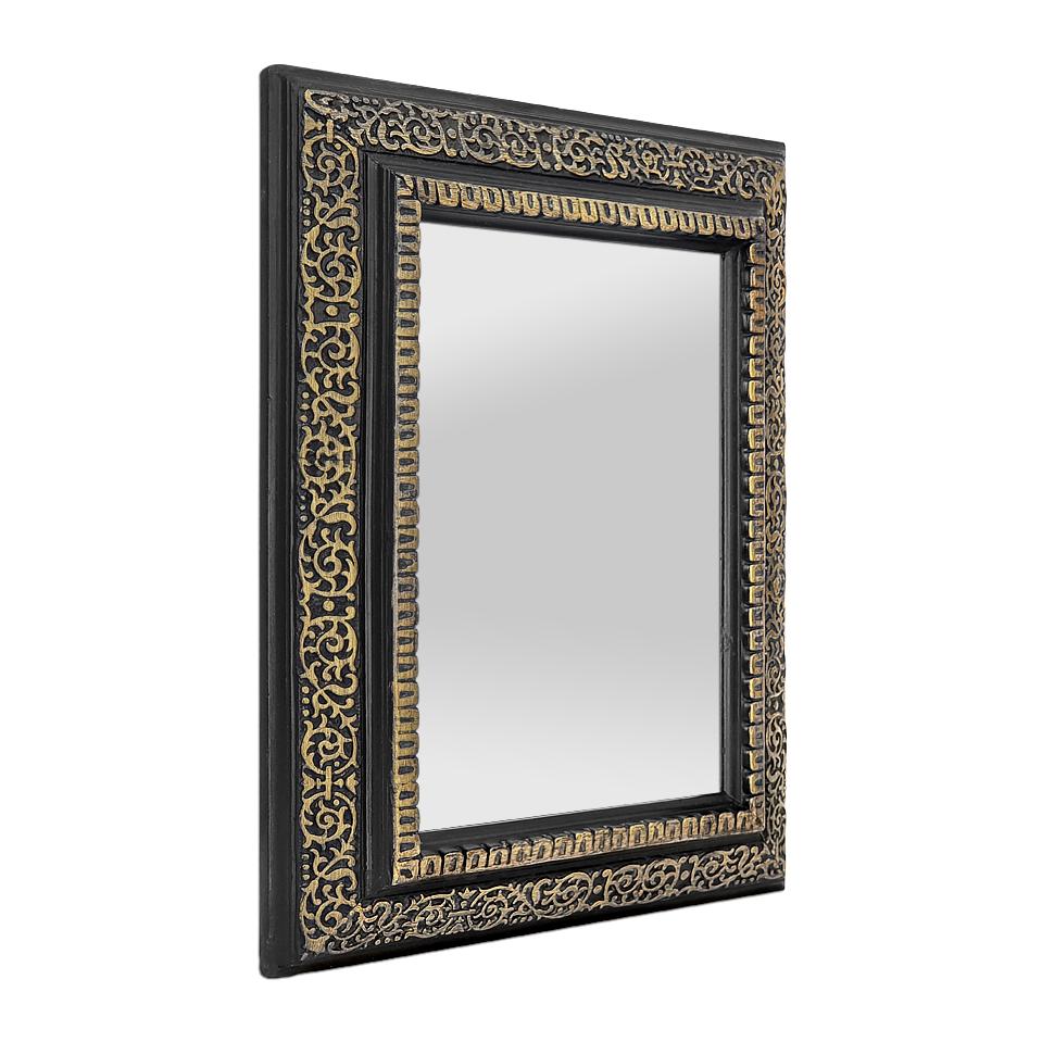 Rare small French antique mirror from the Napoleon III period, circa 1870. Antique black and gilded mirror frame decorated with stylized vegetal friezes typical of the Napoleon III style. Frame width: 5.5 cm / 2.16 in. Modern glass mirror. Antique